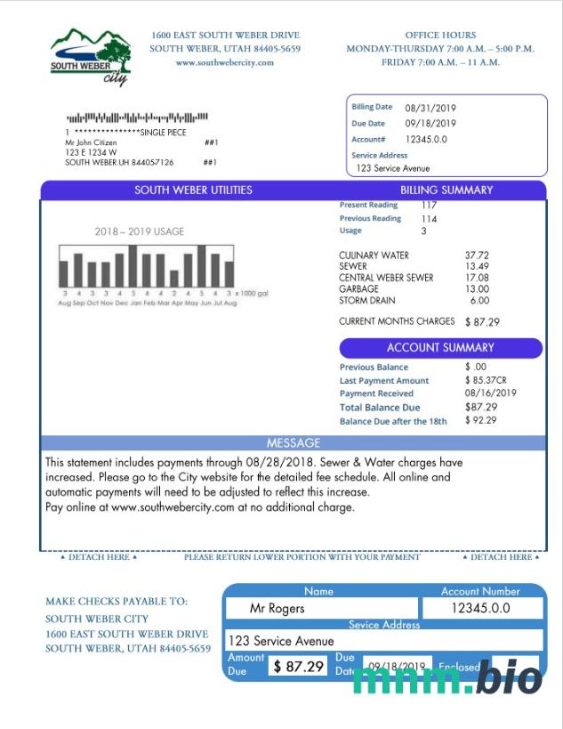 Szablon rachunku za media wodne USA South Weber City Utah w formacie Word i PDF